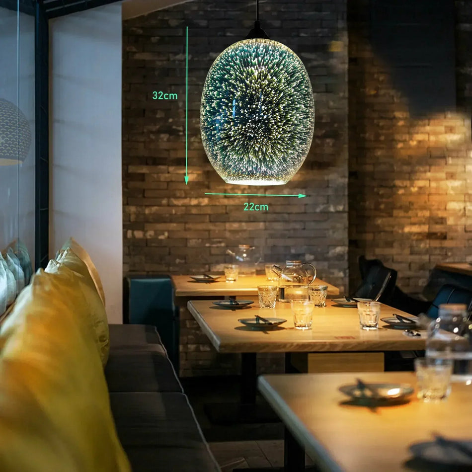 3D Glass Pendant Light with Fireworks Style, Black Lampshade, E27 Ceiling Lamp for Christmas Decor