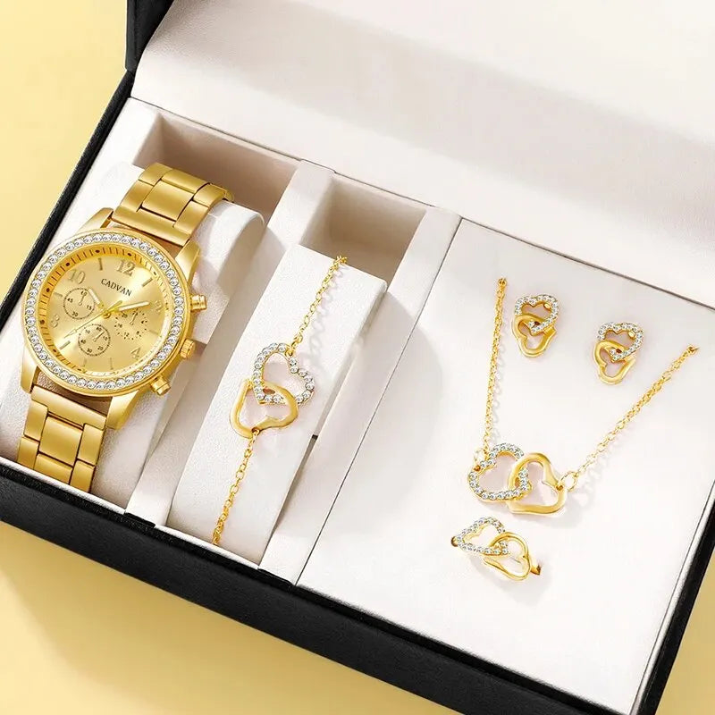6PCS Rose Gold Luxury Rhinestone Jewelry Set with Watch, Ring, Necklace, and Earrings Gold
