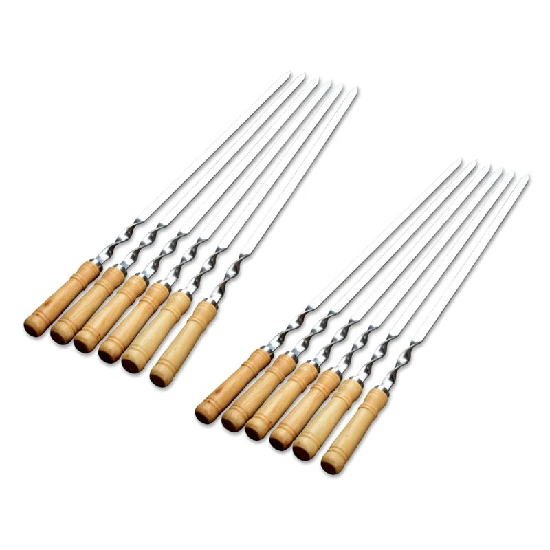 Premium 12-Piece Stainless Steel Barbecue Skewers with Wooden Handles 12PCS-2Set