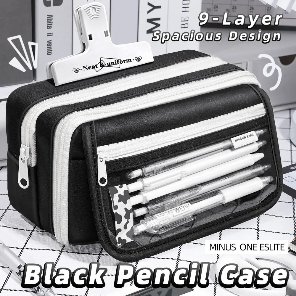 Inkpals Black Pencil Case - Large Capacity Kawaii School Organizer Solo Pencil Case