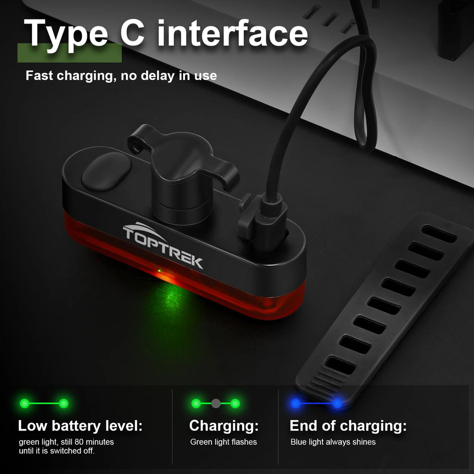 Задний фонарь для велосипеда Toptrek с автоматическим тормозом, водонепроницаемый IPX5, перезаряжаемый через Type-C, светодиодный