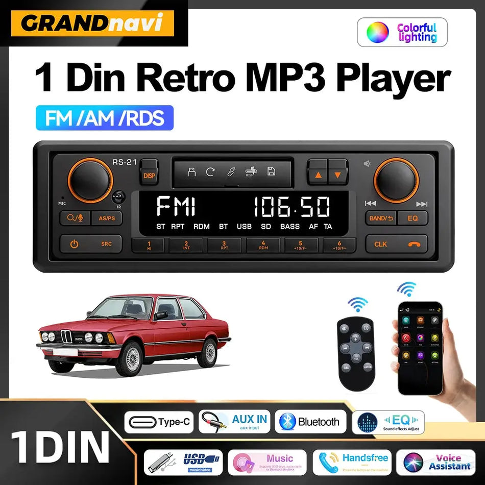 1DIN Retro Car Radio MP3 Player Stereo Bluetooth FM AM RDS Support QC3.0 For Porsche VW Benz BMW Land Rover Audi Alfa Romeo by InterCyprus Trading Ltd