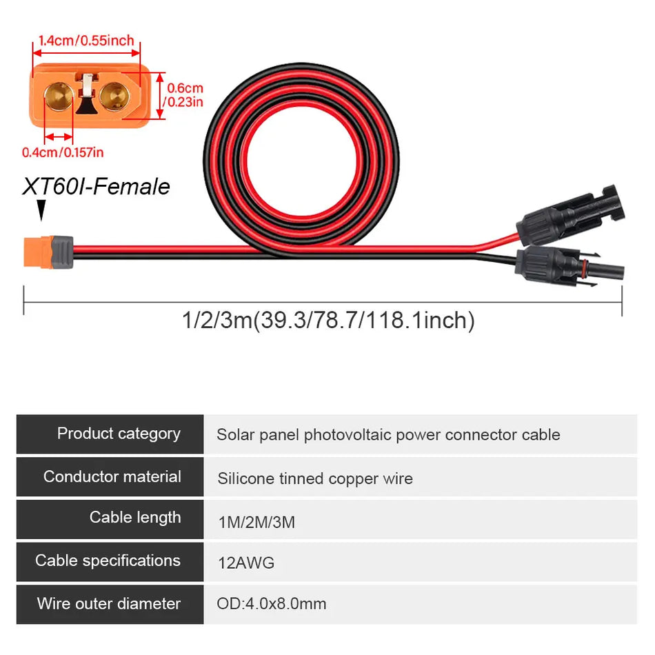 XT60i-F 12AWG Naine Adapter Päikesepaneeli Ühenduse Pikenduskaabel, Veekindel 1m/3m