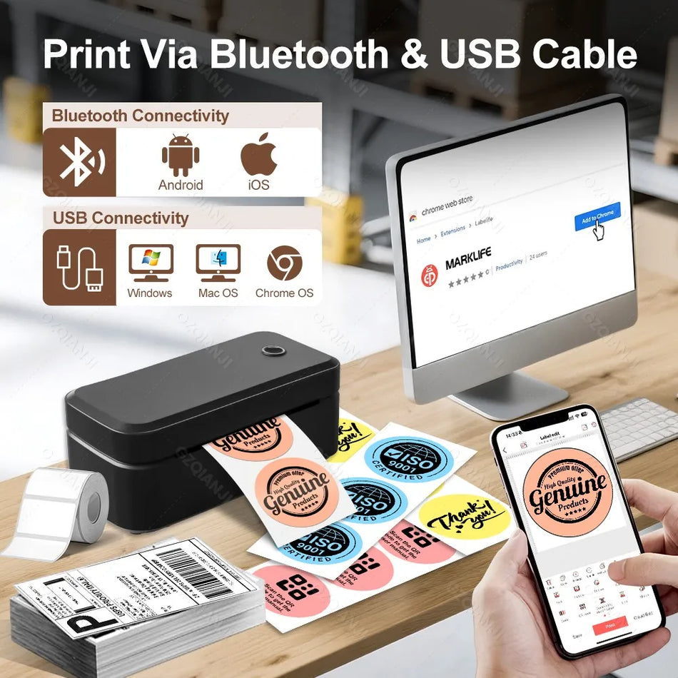 Bluetooth termiskā etiķešu printeris 4 collas 110mm bezvadu iPhone, Android, Windows.