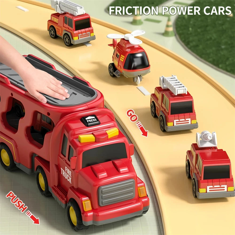 Friction Power 5-in-1 Carrier Truck &amp; Fire Engine Toy Set for Toddlers