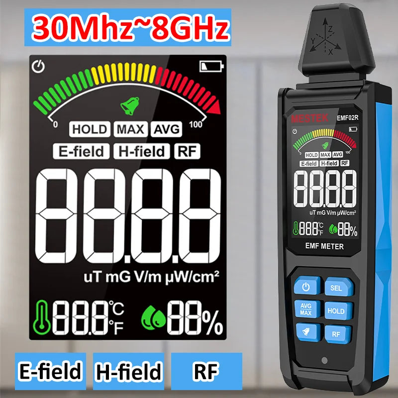 Rilevatore di radiazioni RF 3-in-1 con schermo a colori 30MHz-8GHz