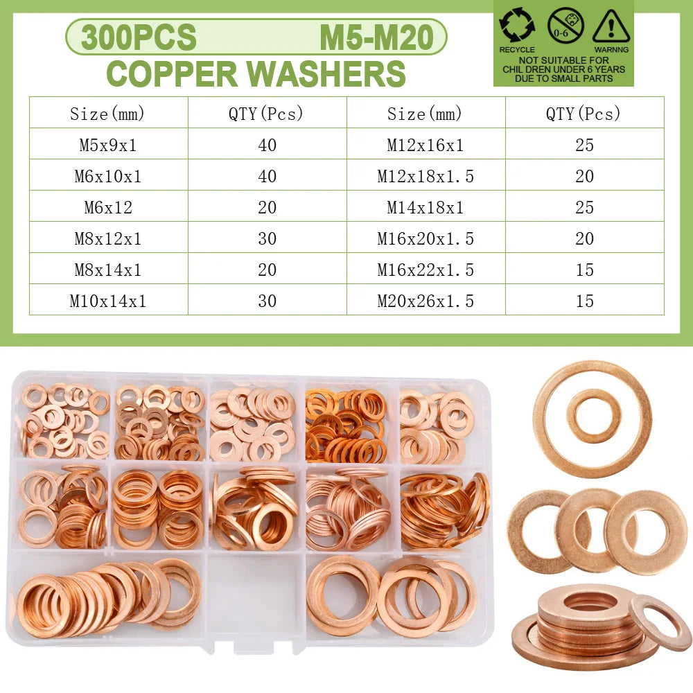 Copper Sealing O-ring Gasket Kit for Boat and Motorcycle M5-M20  300Pcs