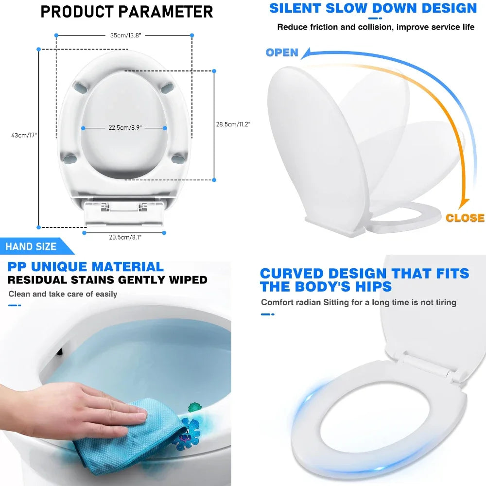 Slow Close Toilet Seat - Quiet Hinges For Smooth Closing