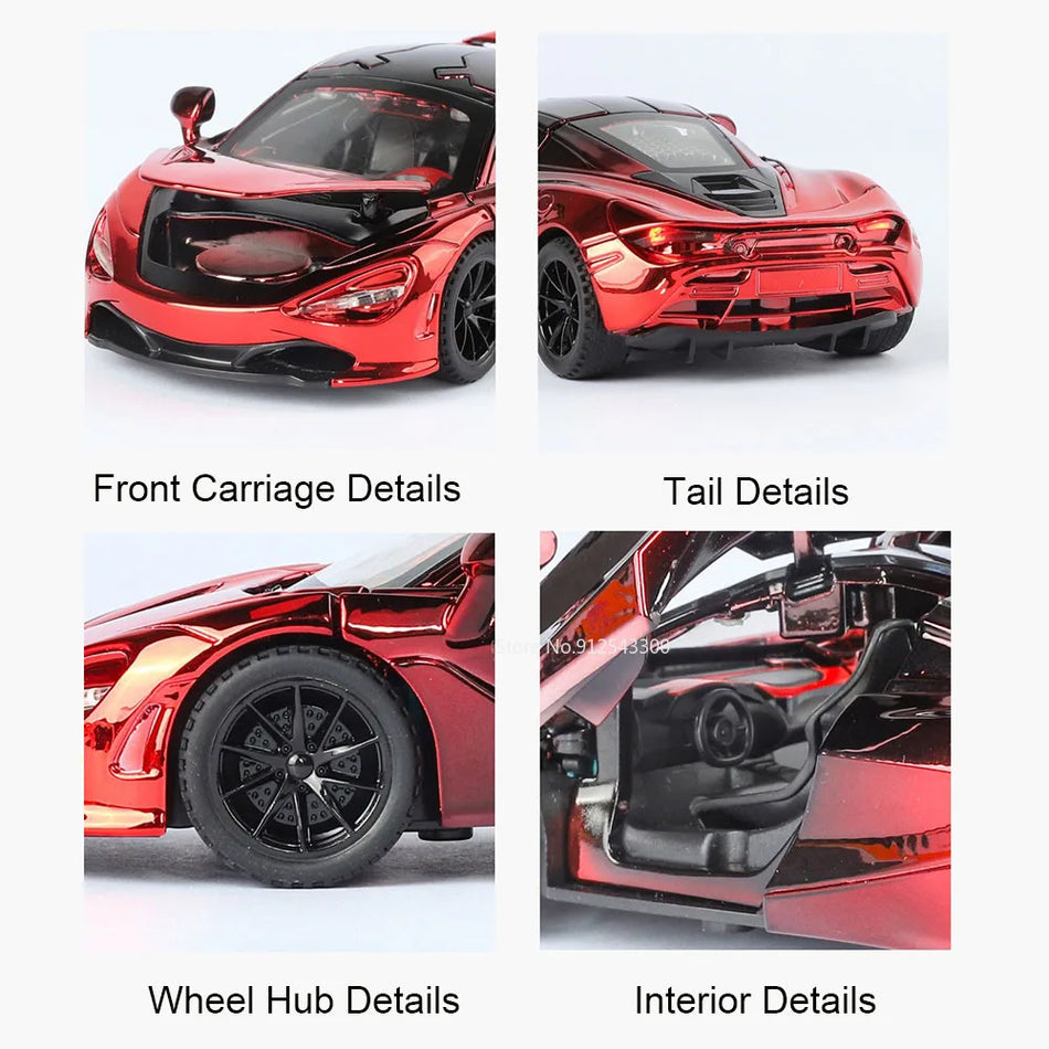 Model avtomobila na merilu 1:32 iz diecast materiala s povlečnim mehanizmom, odprtimi vrati in repnim krilom.