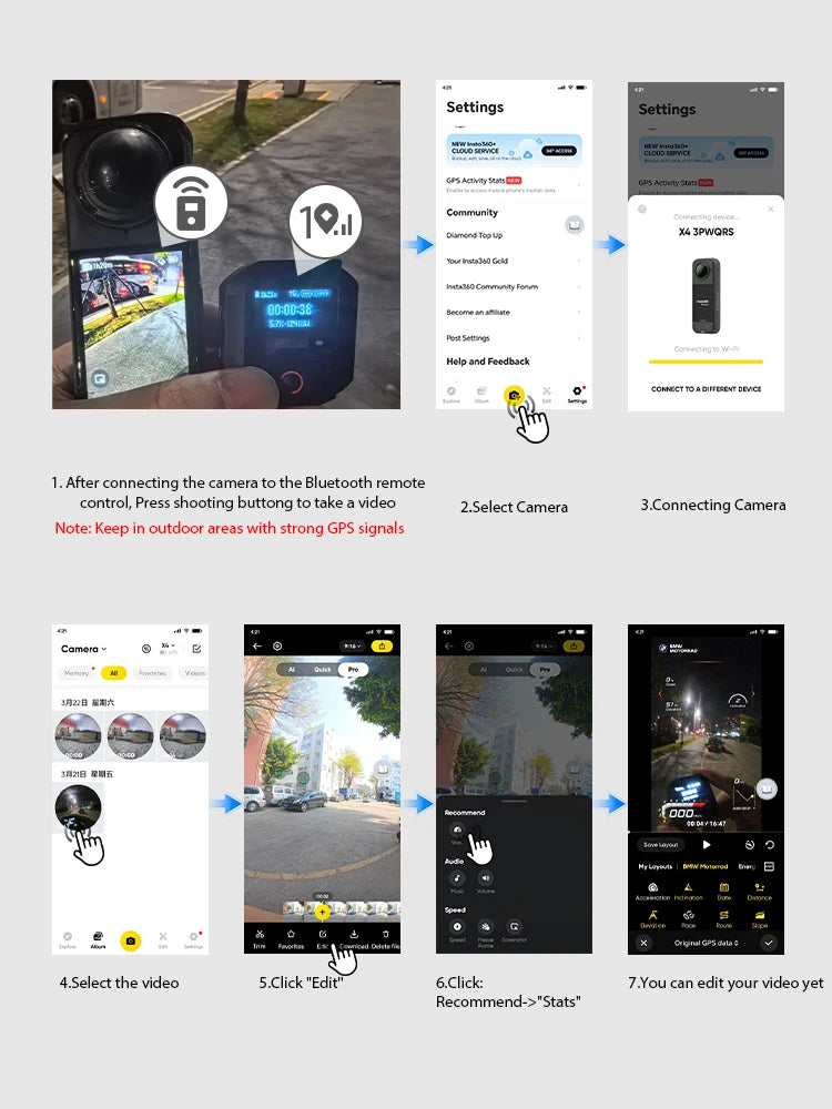 Bluetooth Wireless Remote Control for Insta360 Cameras - X5/X4/X3/ACE PRO 2/GO 3s