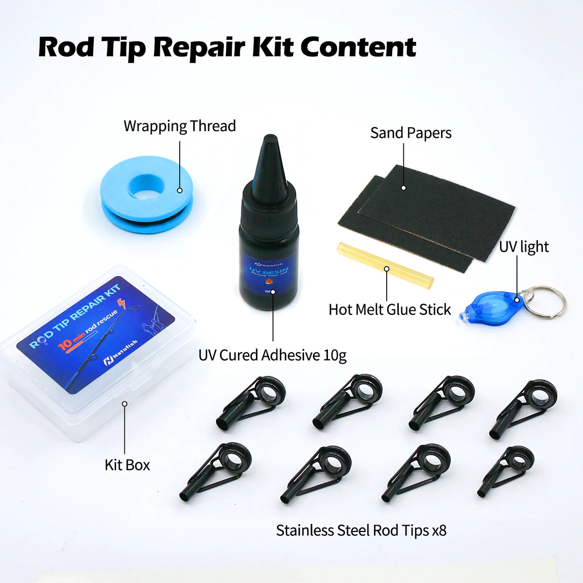 9KM Heavy Duty Fishing Rod Tips Repair Kit - 8Pcs with Ceramic Ring