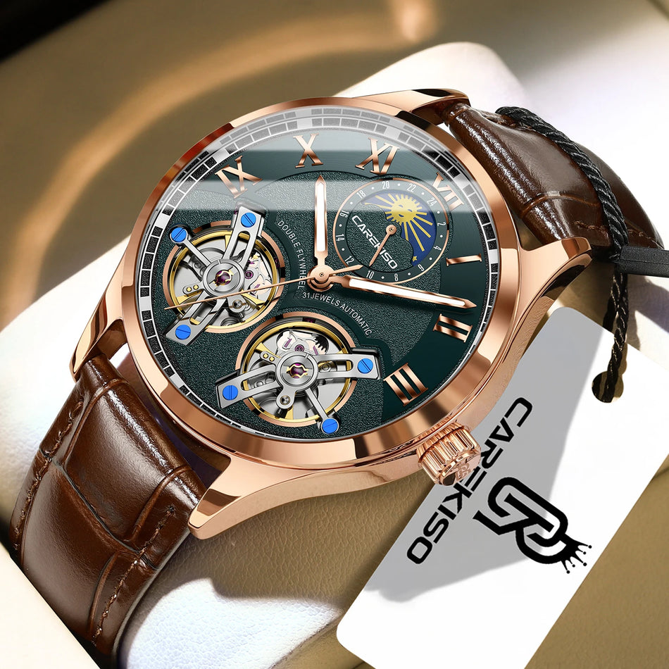 Tourbillon Automatisch Mechanisch Herenhorloge Met Leren Band, Waterdicht