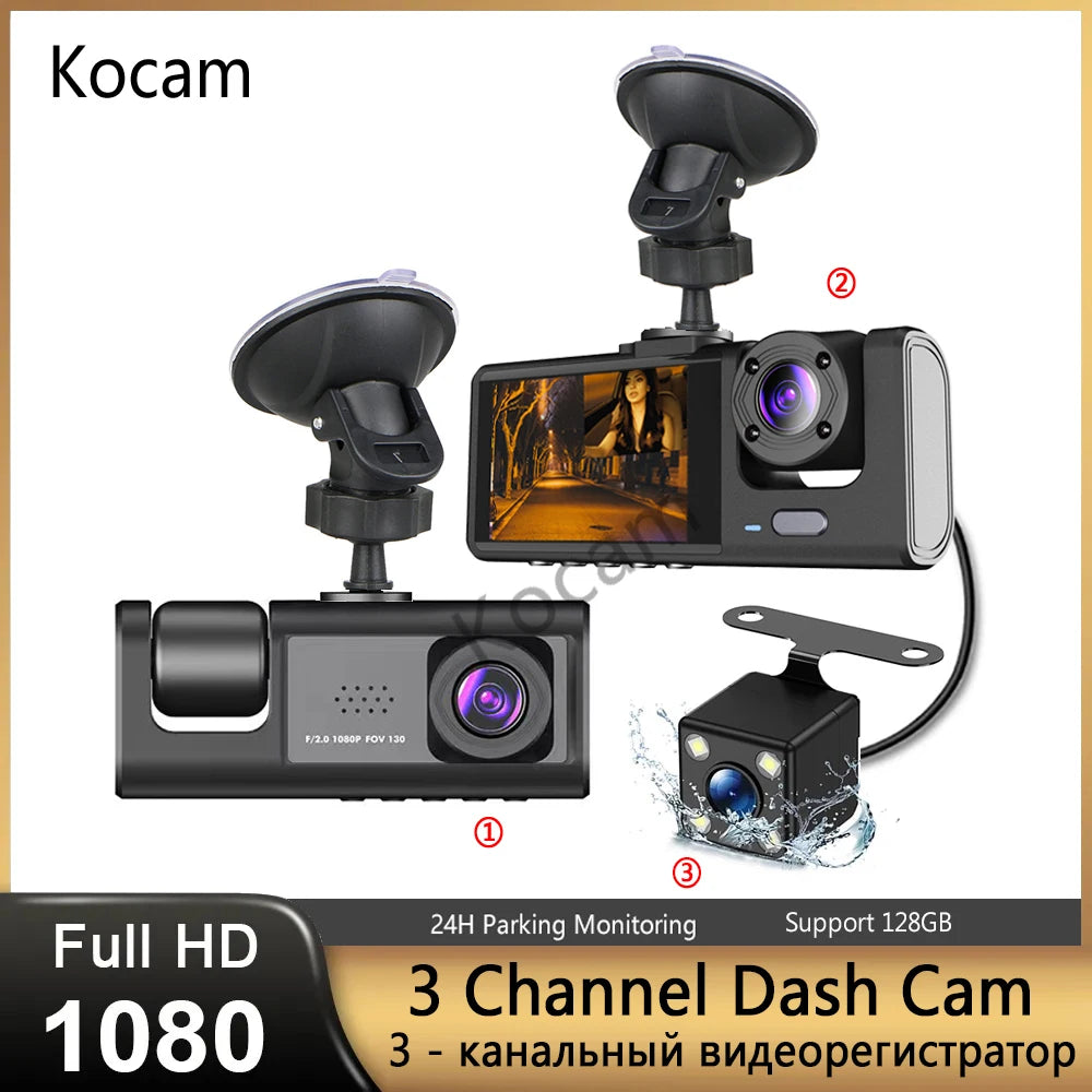 3 Channel Dash Cam Video Recorder &ndash; Triple Lens 24H Parking Monitor