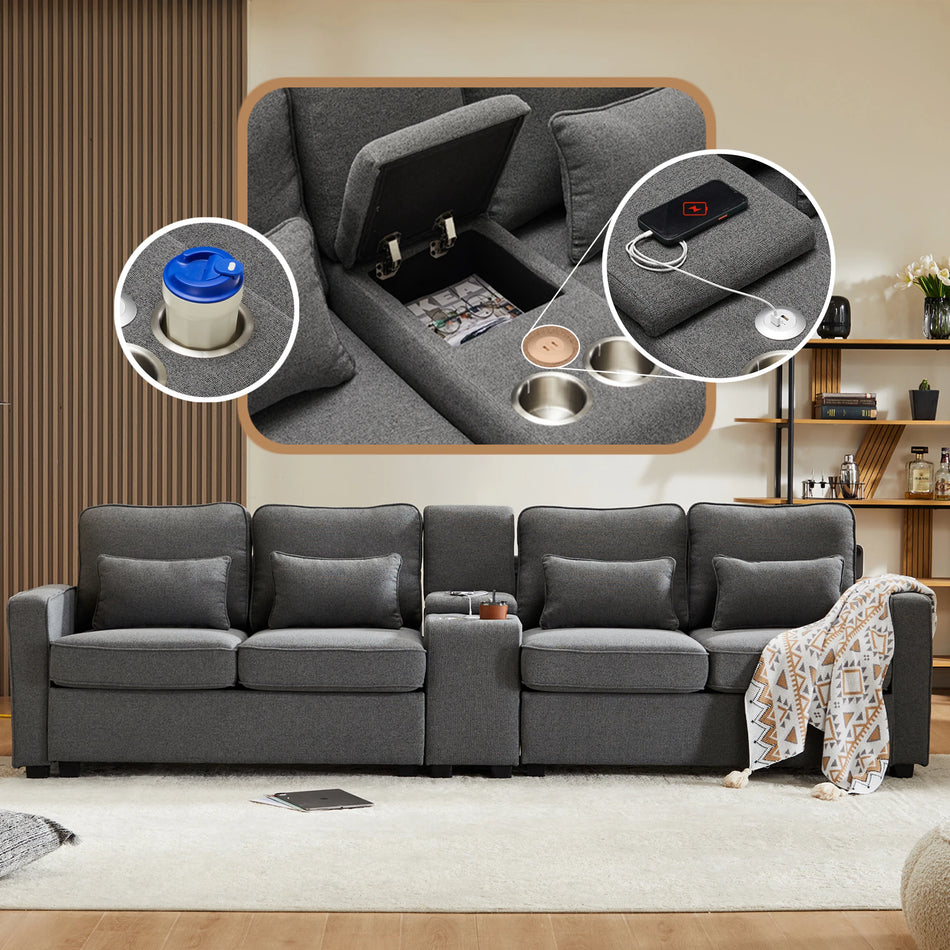 Moderne 4-personers linned sofa med konsol og USB-porte