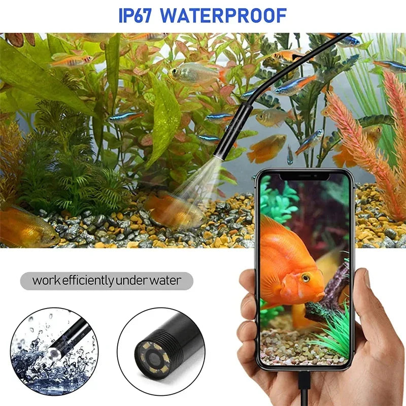 HD Endoscope Camera 7mm 6 LED, IP67 Waterproof with USB-C for Android and PC