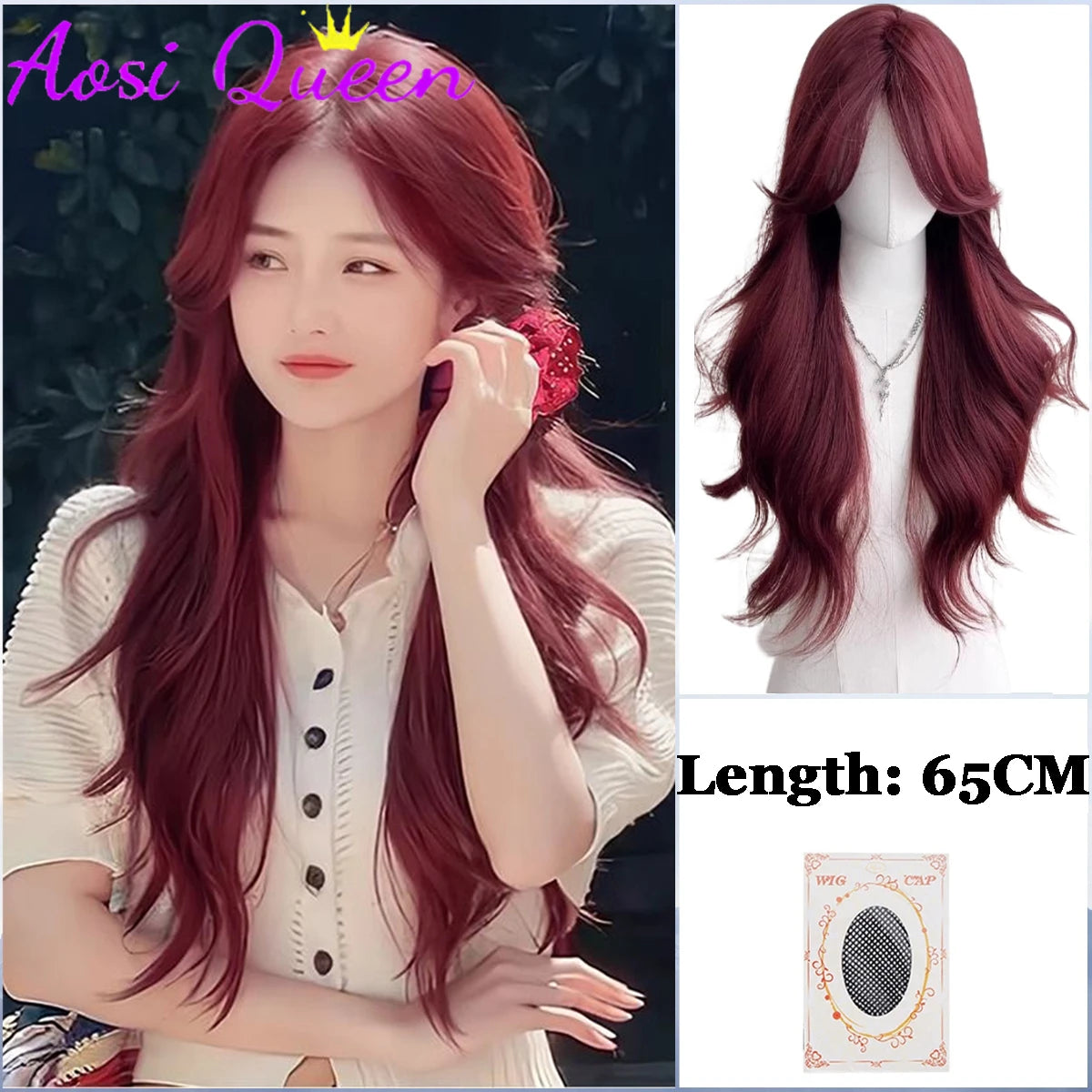 AosiQueen Black Pink Ombre Long Wavy Synthetic Wig with Bangs for Cosplay light pink