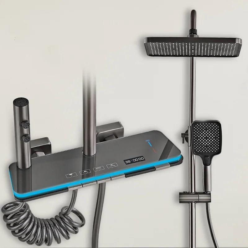 Duschset för badrum med digital display, duschsystem, pianoknapp med atmosfärsbelysning, kran, badkar, blandare, duschhuvud