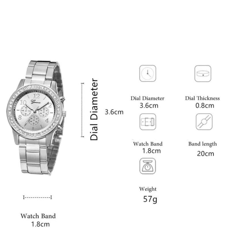 MOONBIFFY Luxury Women&rsquo;s Quartz Watch with Diamond Accents and Matching Jewellery Set