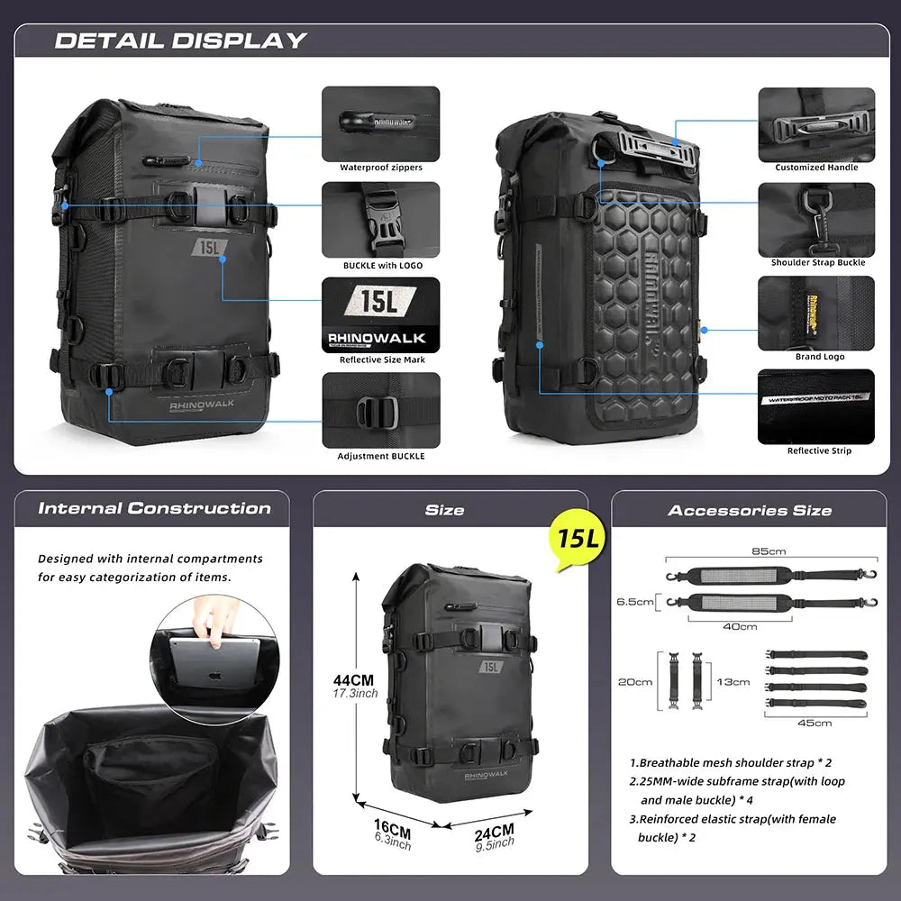 Rhinowalk Motorcycle Tail Bag Back Seat Bag 100% Waterproof Dry Cycling Backpack 8L/15L/30L For Long Distance Saddle Pack 1 PC by InterCyprus Trading Ltd