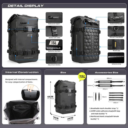 Rhinowalk Motorcycle Tail Bag Back Seat Bag 100% Waterproof Dry Cycling Backpack 8L/15L/30L For Long Distance Saddle Pack 1 PC by InterCyprus Trading Ltd