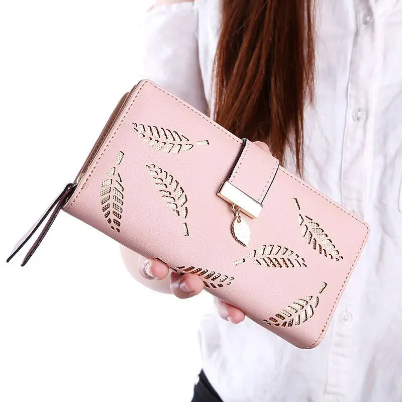 Ladies' PU Leather Hollow Leaves Long Zipper Wallet
