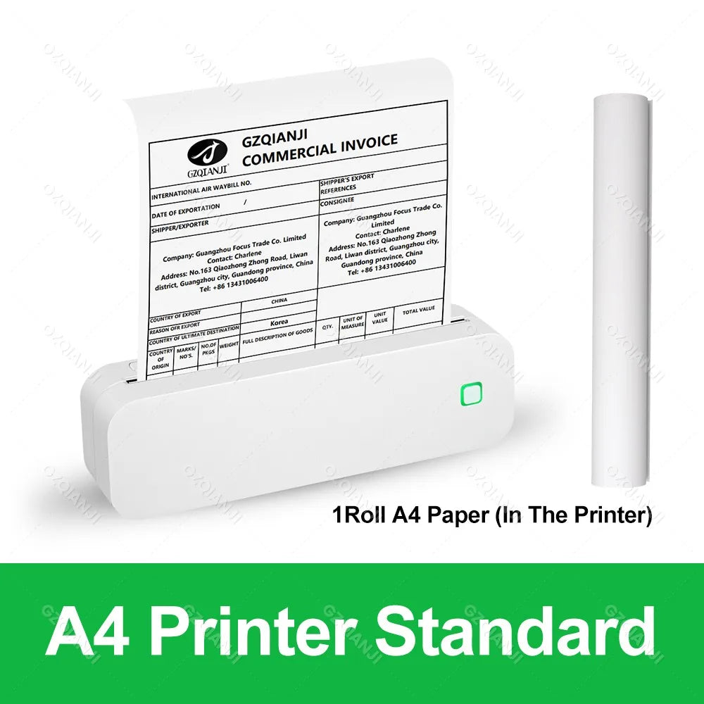 GZMA413 A4 Ink Free Portable Printer - Wireless Printing WH A4 add 1Roll