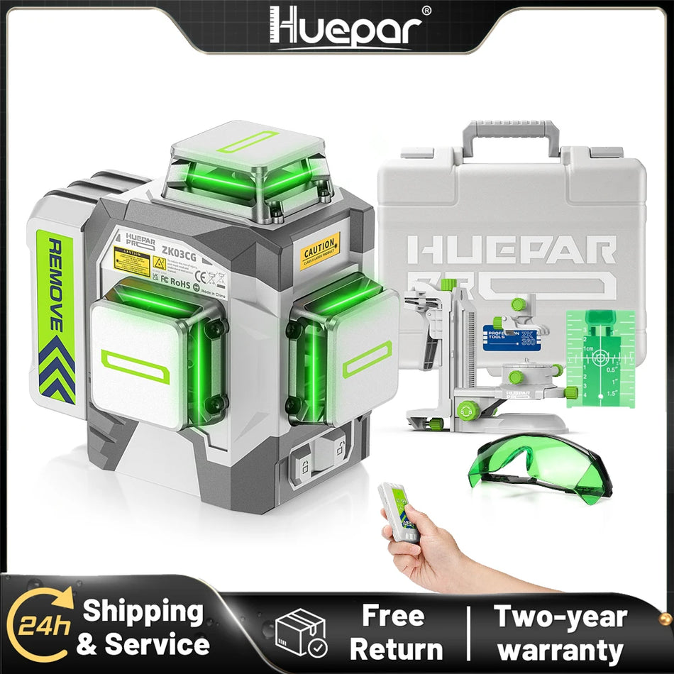 Huepar 3D Laser Nivå med 12 Linjer, Självnivellerande, Grön Stråle, 8000mAh Batteri