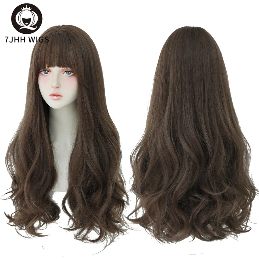 7JHH WIGS Brown Ash Long Deep Wave Wig with Bangs CT33-1
