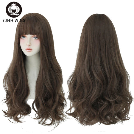 7JHH WIGS Brown Ash Long Deep Wave Wig with Bangs CT33-1