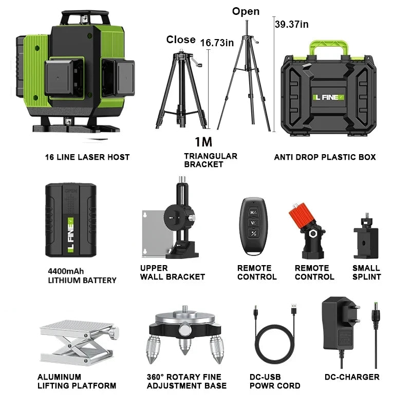 LFINE 4D 16 Lines Professional Green Laser Level with Tripod and Case 1M Tripod suitcase
