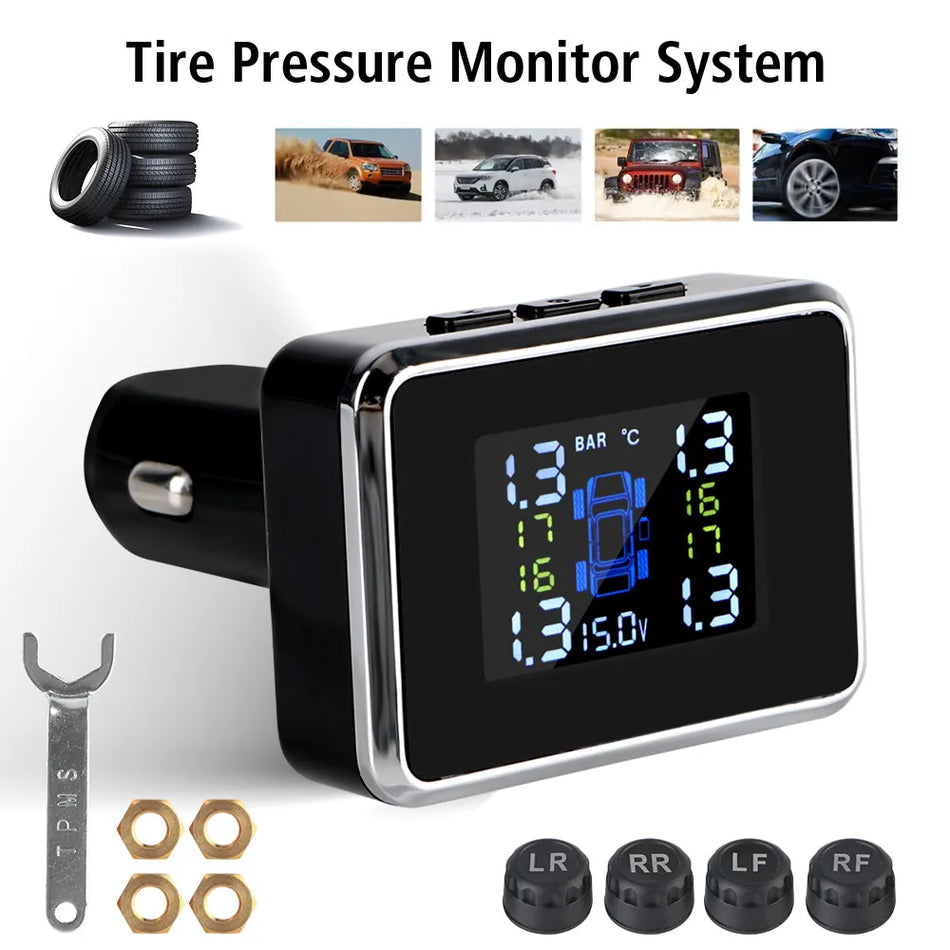 LEEPEE Automobilio TPMS Stebėjimo Prietaisas Su Skaitmeniniu Voltmetru USB Įkrovikliu, 4 Padangų Jutikliai