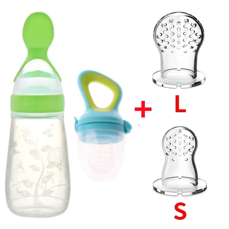 Safe Silicone Baby Feeding Spoon Bottle and Fruit Feeder Kit Green 4Pcs Set A