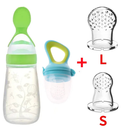 Safe Silicone Baby Feeding Spoon Bottle and Fruit Feeder Kit Green 4Pcs Set A