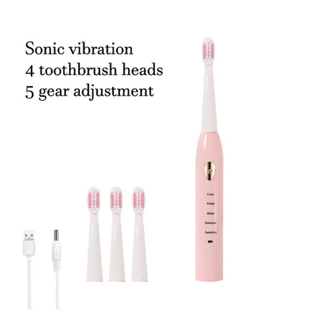 Clean Adult Black White Classic Acoustic Electric Toothbrush &ndash; Customizable 5-Gear Mode Pink with 4 Brush