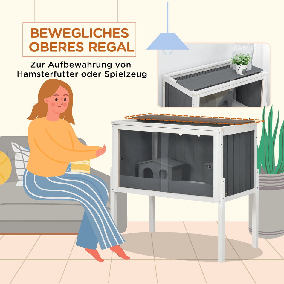 Cușcă din lemn pentru hamster cu două cabine și stație de hrănire