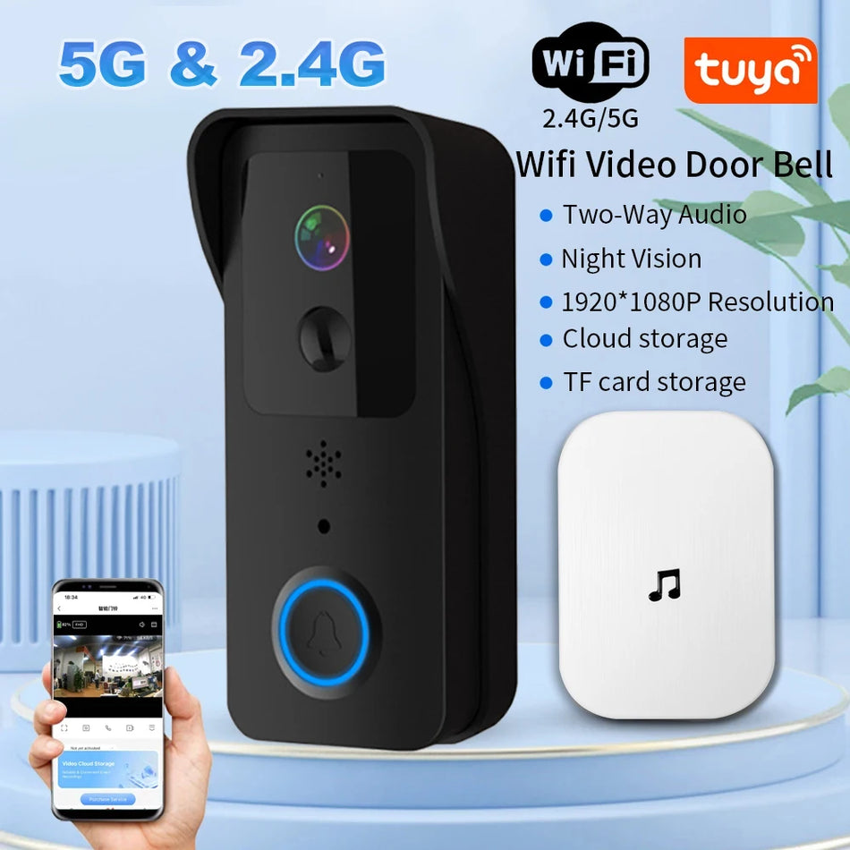 1080P Video Doorbell 5G 2.4G WiFi Wireless Door Bell Night Vision Tuya Smart APP PIR Recording AC/DC Power Ring Camera Bell