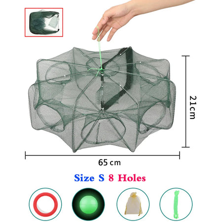 Folding Crayfish Catcher &amp; Fish Trap Nets - Easy &amp; Automatic Trapping Solution Size S  8 Holes