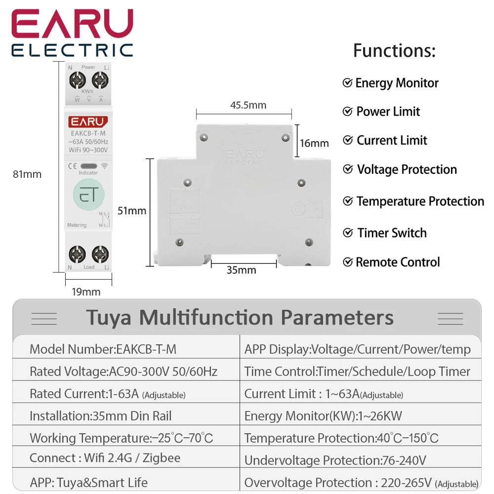 Tuya WiFi Zigbee Smart Circuit Breaker MCB 1P+N 63A with Remote Control and Energy Monitoring