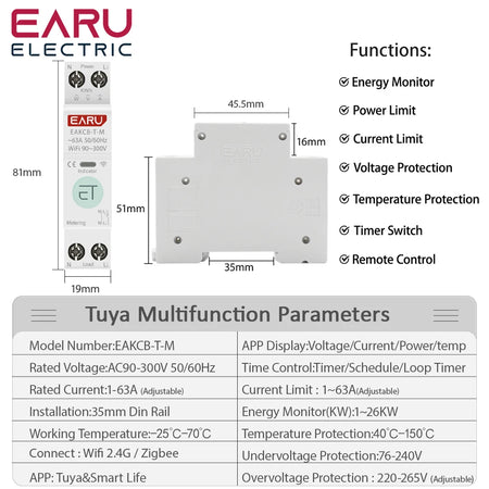 Tuya WiFi Zigbee Smart Circuit Breaker MCB 1P+N 63A with Remote Control and Energy Monitoring
