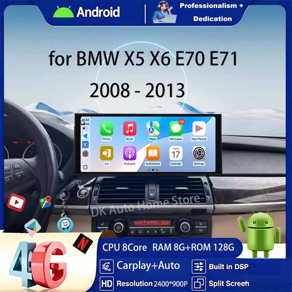 Stereo auto Android de 12,3 inch, 16 pentru BMW X5 X6 E70 E71 cu Carplay, DSP, GPS, BT, 4G, WiFi