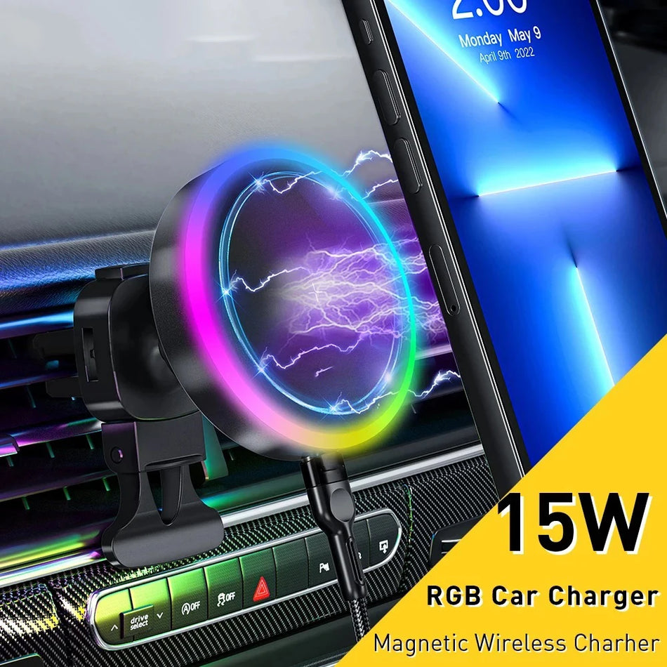 Μαγνητική Ασύρματη Βάση Κινητού Αυτοκινήτου RGB με Γρήγορη Φόρτιση 15W και Αυτόματο Σφιγκτήρα