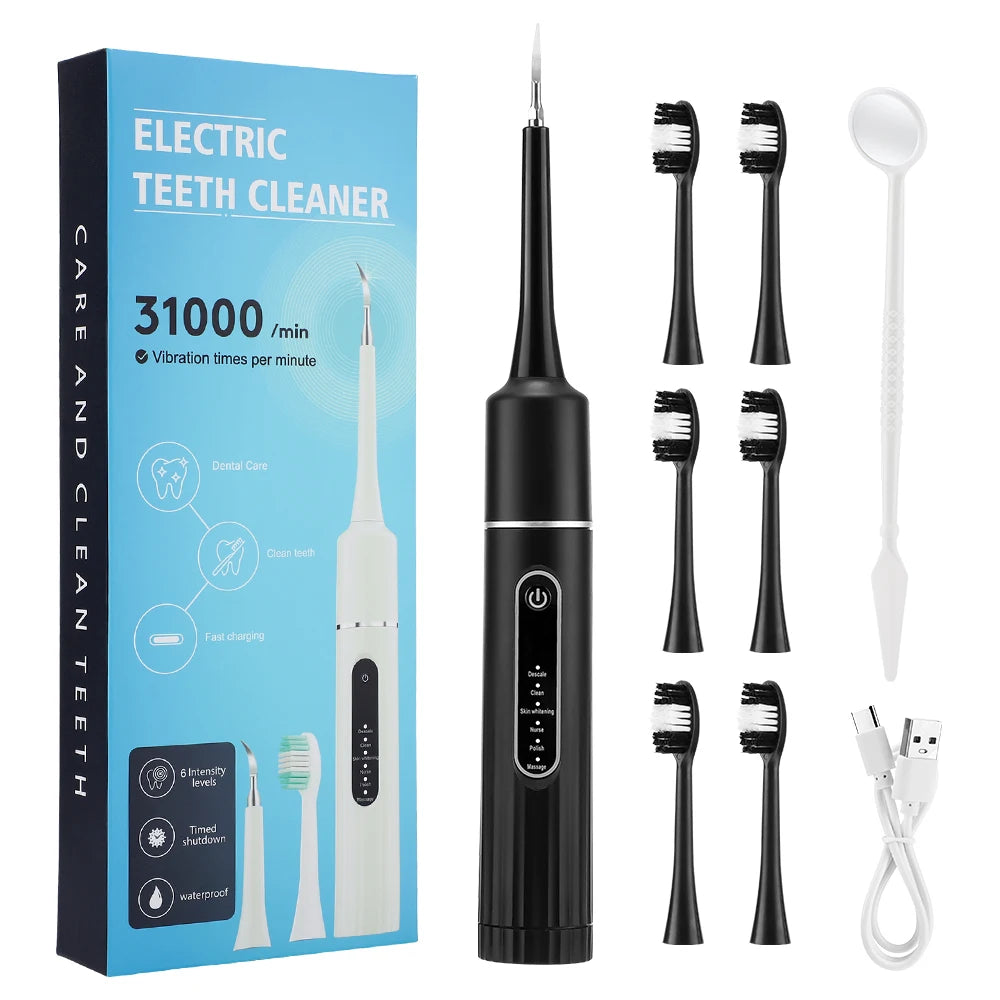 Electric Teeth Cleaner - High Frequency Cleaning Benefit 6 heads Black