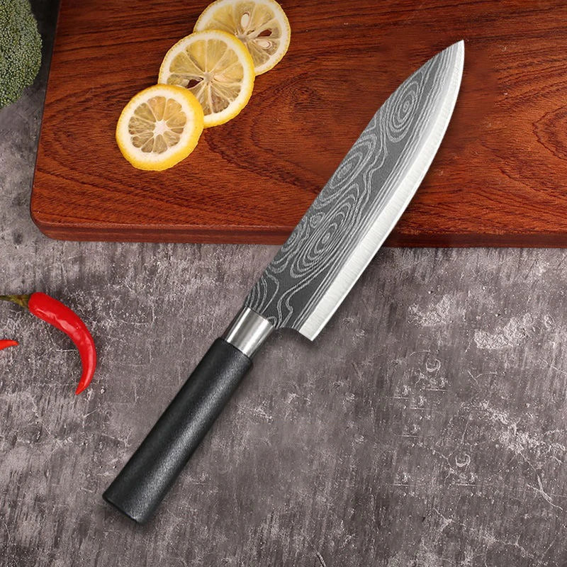 Laser Damascus Kitchen Knives Set with Scissors and Sharpening Rod
