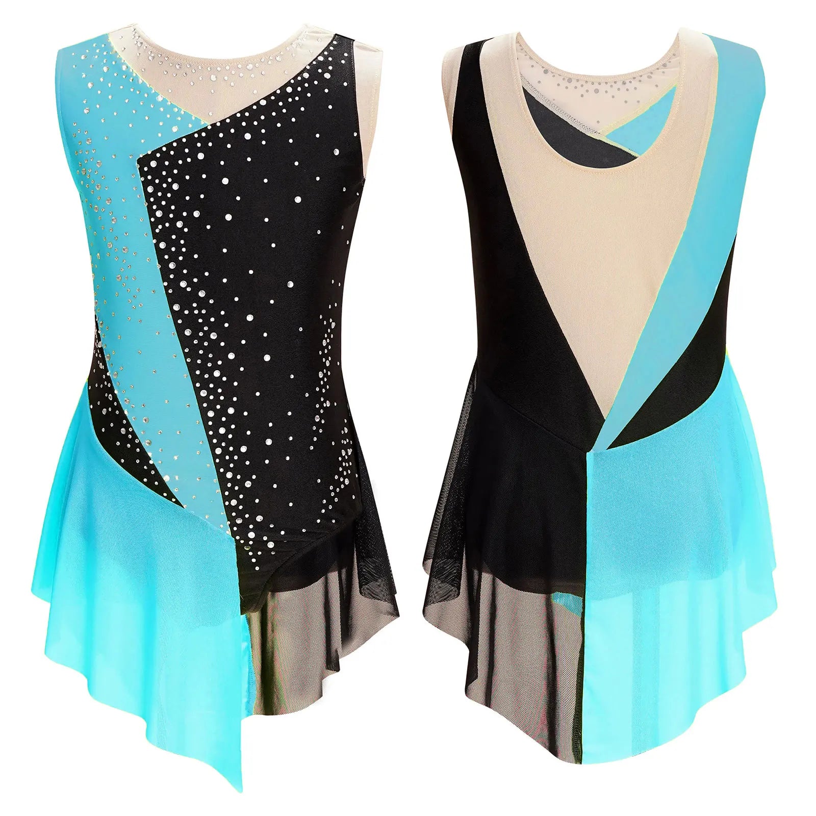 Girls Figure Ice Skating Dress &ndash; Color Block Rhinestone Design