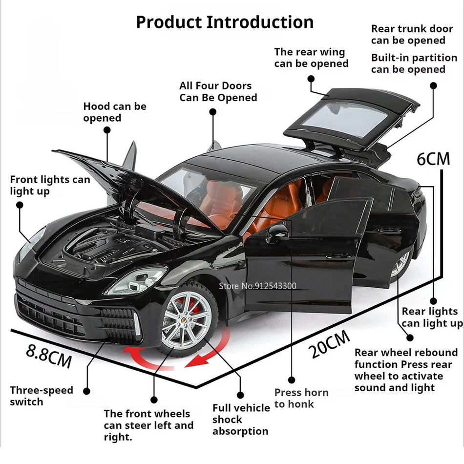 Mașină de jucărie Diecast Panamera 911 Turbo S cu retragere, sunet și lumină 1:24
