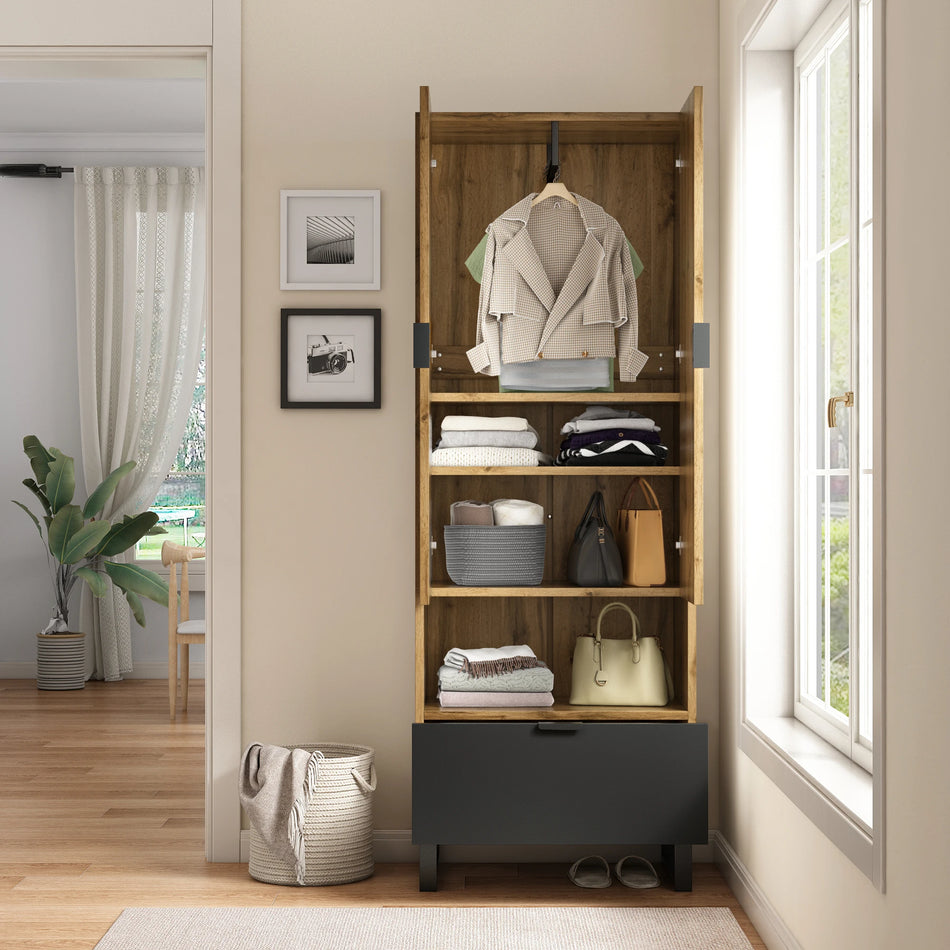 Natural Wardrobe With Clothes Rail And One Drawer Cabinet