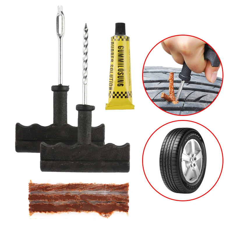 Car Tire Repair Tool Kit - Tubeless Tyre Puncture Plug Set for Motorcycles &amp; Trucks