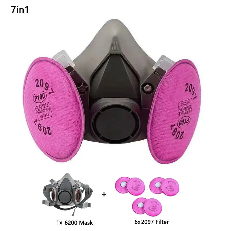6200 Dust Gas Respirator Half Face Mask - With 2097 Filter 7in1