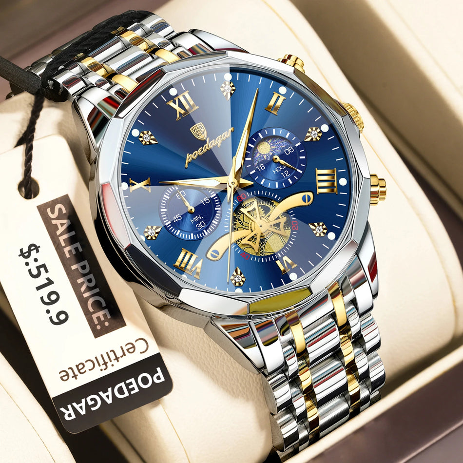 POEDAGAR Luxury Men's Watch Stainless Steel Quartz Chronograph Waterproof