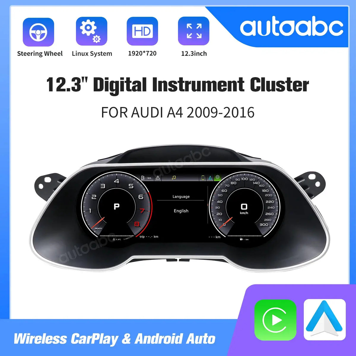 AUTOABC 12.3' LCD Digital Dashboard Cluster Wireless CarPlay Android Auto FOR AUDI A4 2012-2016 year With Airplay 5UI Function by InterCyprus Trading Ltd